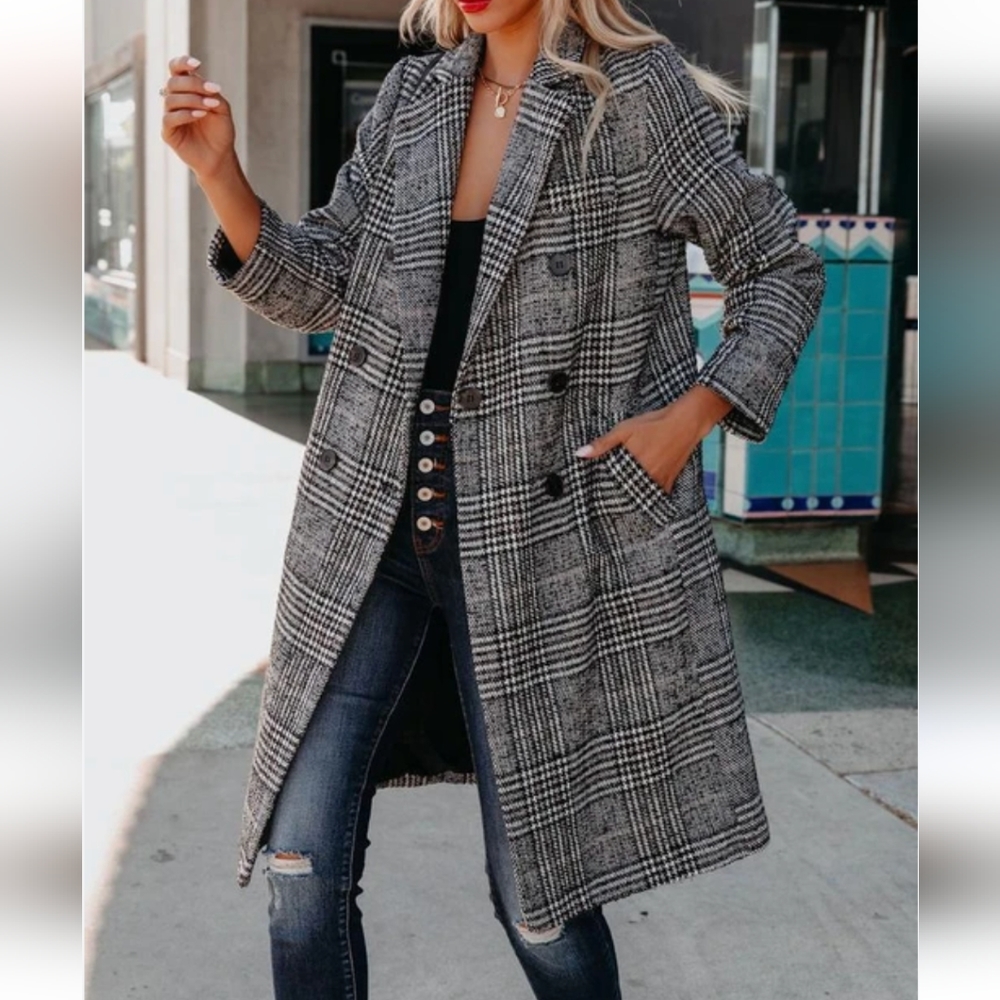Davi&Dani plaid long jacket coat black and white